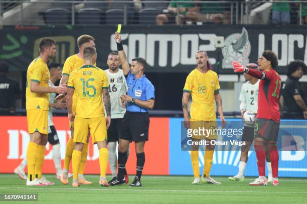 Mitchell Duke of Australia reacts after receiving a yellow card during the friendly match between Mexico and Australia at AT&T Stadium on September...