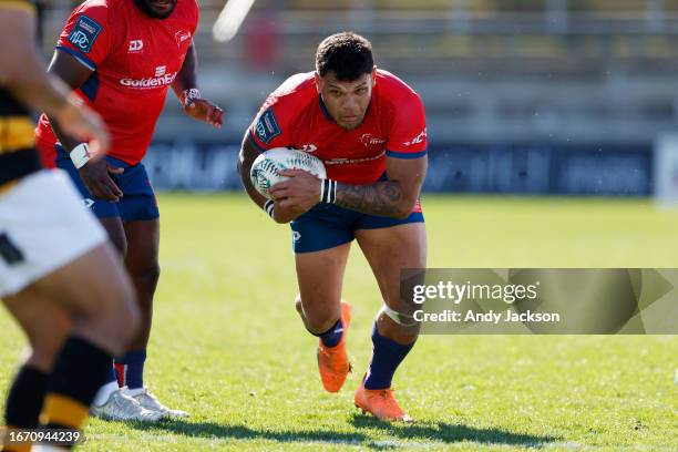 Levi Aumua of Tasman charges forward during the round six Bunnings Warehouse NPC match between Taranaki and Tasman at Yarrow Stadium, on September 10...