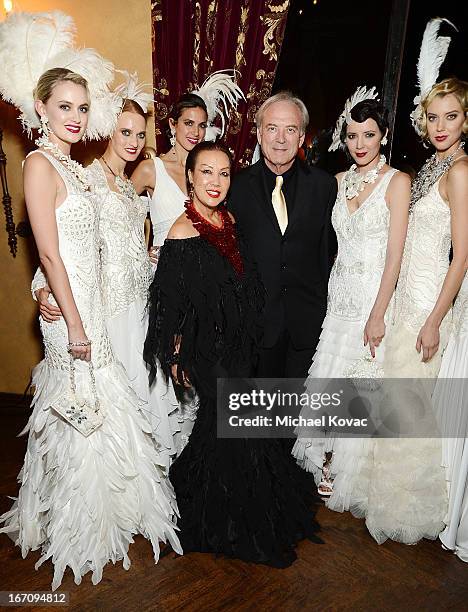 Designer Sue Wong and actor James Keach pose with models at the Sue Wong Fall 2013 Great Gatsby Collection Unveiling and Birthday Celebration on...