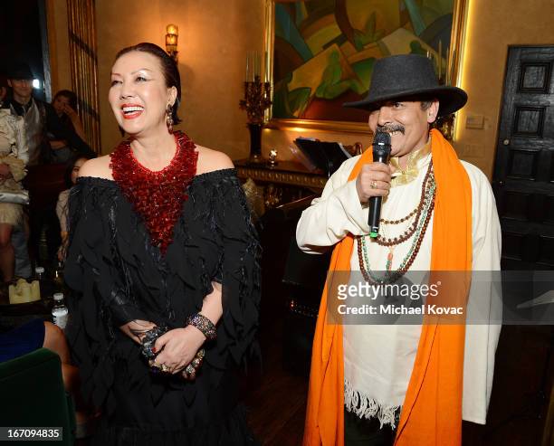 Designer Sue Wong and artist Master Romio Shrestha attend the Sue Wong Fall 2013 Great Gatsby Collection Unveiling and Birthday Celebration on April...