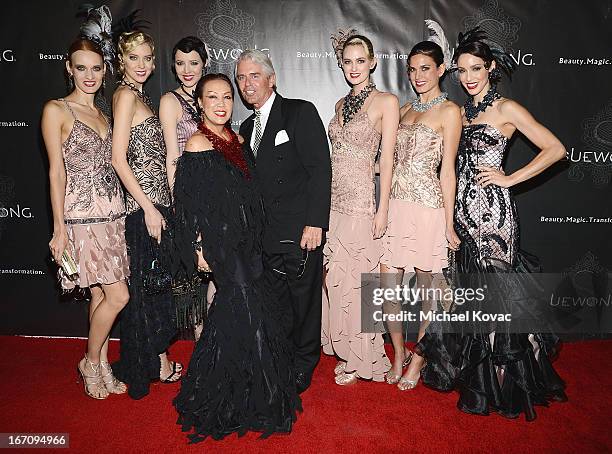 Designer Sue Wong and actor Robert Frank Telfer pose with models at the Sue Wong Fall 2013 Great Gatsby Collection Unveiling and Birthday Celebration...