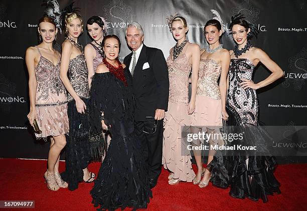 Designer Sue Wong and actor Robert Frank Telfer pose with models at the Sue Wong Fall 2013 Great Gatsby Collection Unveiling and Birthday Celebration...