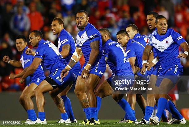 Roy Asotasi of Samoa leads the teams haka during the International Test Match between Tonga and Samoa at Centrebet Stadium on April 20, 2013 in...