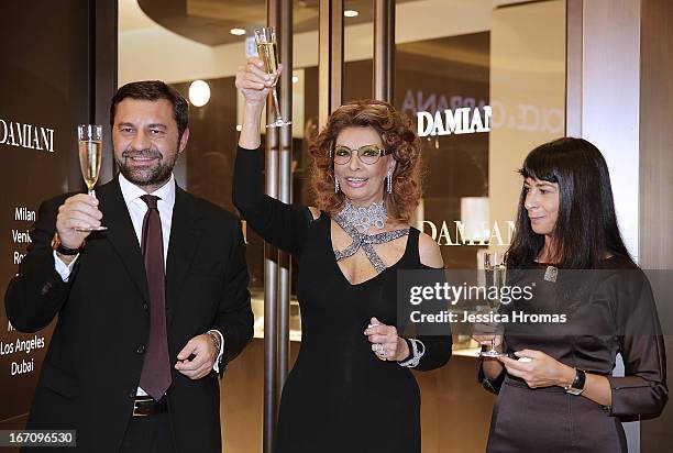Mr Giorgio Damiani, Vice President of Damiani Group, Italian actress Sophia Loren, and Ms Alessandra Schiavo Consul General of Italy at the Damiani...