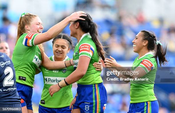 Monalisa Soliola of the Raiders icbtmasatduring the round eight NRLW match between North Queensland Cowboys and Canberra Raiders at Cbus Super...