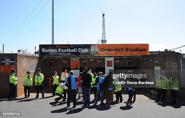 Football fans arrive at Underhill Stadium for Barnet's last fixture at the venue, the npower League Two match between Barnet and Wycombe Wanderers at...