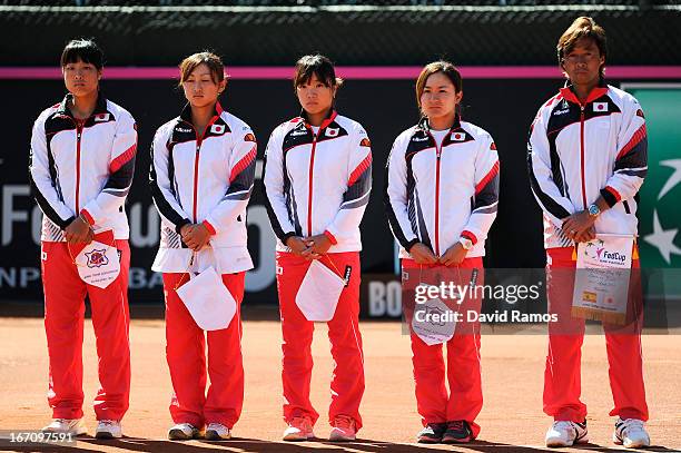 Ayumi Morita, Misaki Doi, Kurumi Nara, Shuko Aoyama and the captain Takeshi Murakami of Japan pose before the first match of the Fed Cup World Group...