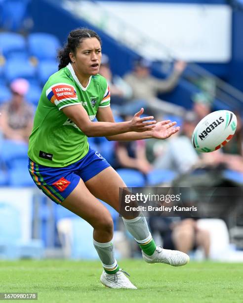 Zahara Temara of the Raiders passes the ball during the round eight NRLW match between North Queensland Cowboys and Canberra Raiders at Cbus Super...