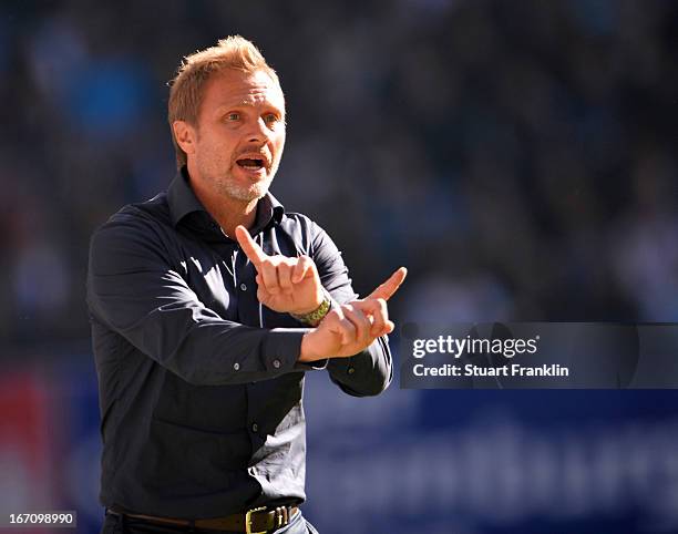 Thorsten Fink, head coach of Hamburg looks on during the Bundesliga match between Hamburger SV and Fortuna Duesseldorf 1895 at Imtech Arena on April...