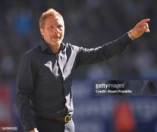 Thorsten Fink, head coach of Hamburg looks on during the Bundesliga match between Hamburger SV and Fortuna Duesseldorf 1895 at Imtech Arena on April...