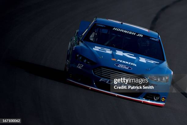 Sam Hornish, Jr., driver of the SKF Ford, practices for the NASCAR Sprint Cup Series STP 400 at Kansas Speedway on April 20, 2013 in Kansas City,...