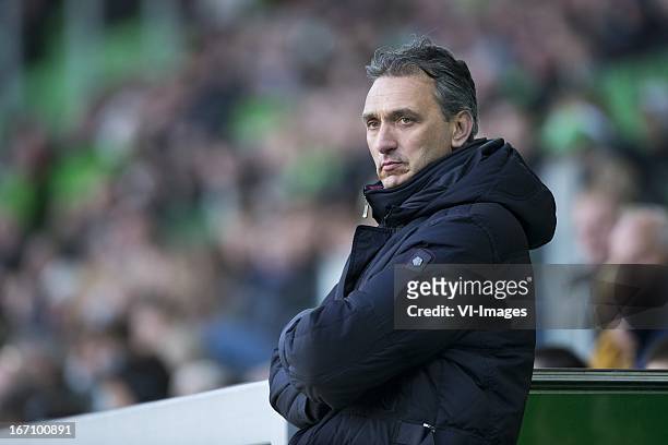 Coach Robbert Maaskant of FC Groningen during the Eredivisie match between FC Groningen and ADO Den Haag on April 20, 2013 at the Euroborg stadium at...