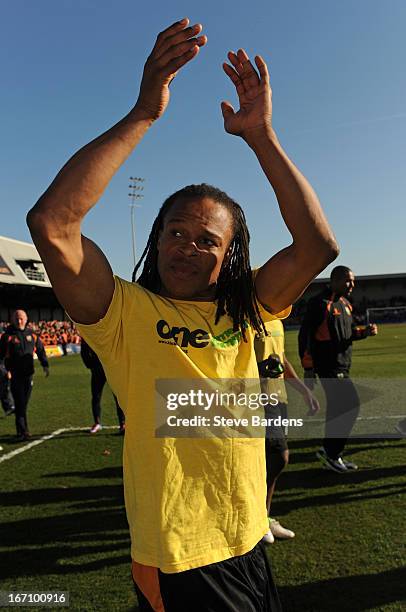 Player-manager Edgar Davids celebrates with the Barnet fans after the npower League Two match between Barnet and Wycombe Wanderers at Underhill...