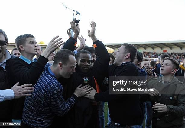 Player-manager Edgar Davids is surrounded by the Barnet fans after the npower League Two match between Barnet and Wycombe Wanderers at Underhill...