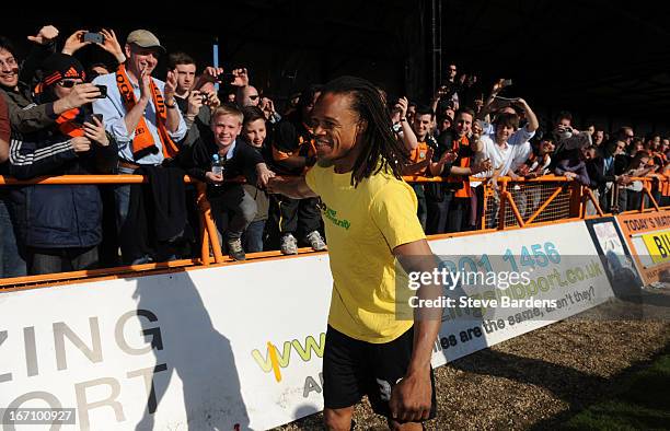 Player-manager Edgar Davids celebrates with the Barnet fans after the npower League Two match between Barnet and Wycombe Wanderers at Underhill...