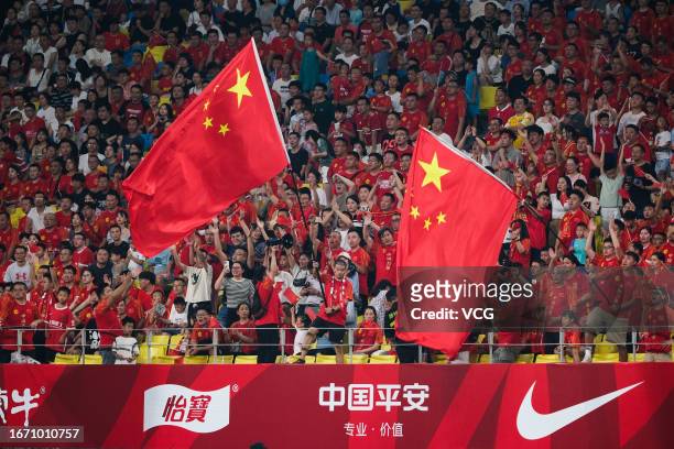 Supporters of Team China cheer up during the CFA Team China International Friendly Matches Chengdu 2023 between China and Malaysia at Chengdu Phoenix...