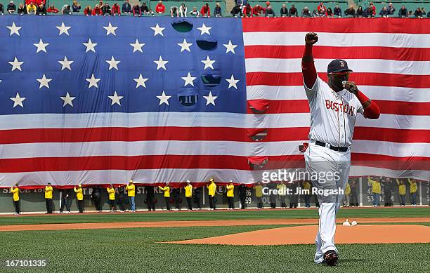 David Ortiz of the Boston Red Sox speaks during a pre-game ceremony in honor of the bombings of Marathon Monday before a game at Fenway Park on April...