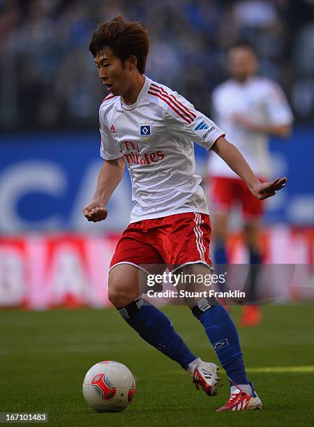 Heung Min Son of Hamburg in action during the Bundesliga match between Hamburger SV and Fortuna Duesseldorf 1895 at Imtech Arena on April 20, 2013 in...