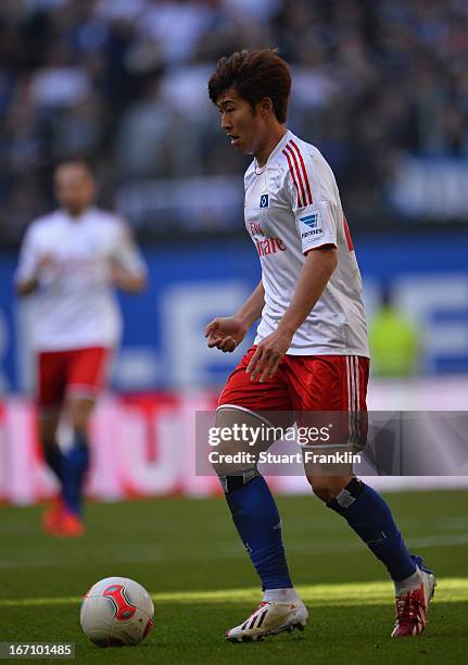 Heung Min Son of Hamburg in action during the Bundesliga match between Hamburger SV and Fortuna Duesseldorf 1895 at Imtech Arena on April 20, 2013 in...