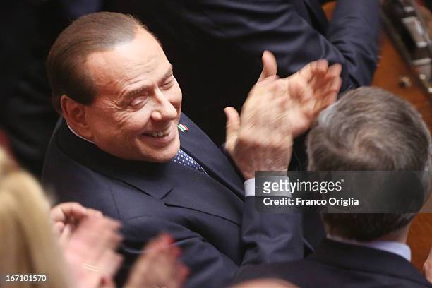 Former Italian Prime Minister Silvio Berlusconi claps as Parliament votes for President of Republic on April 20, 2013 in Rome, Italy. After five...