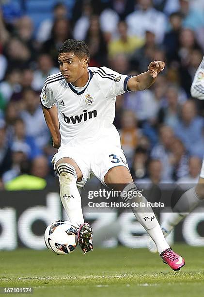 Casemiro of Real Madrid controls the ball during the La Liga match between Real Madrid and Real Betis Balompie at Estadio Santiago Bernabeu on April...