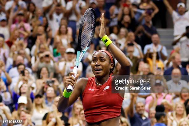 Coco Gauff of the United States reacts after defeating Aryna Sabalenka of Belarus in their Women's Singles Final match on Day Thirteen of the 2023 US...