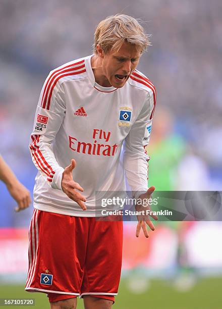 Per Skjelbred of Hamburg reacts during the Bundesliga match between Hamburger SV and Fortuna Duesseldorf 1895 at Imtech Arena on April 20, 2013 in...