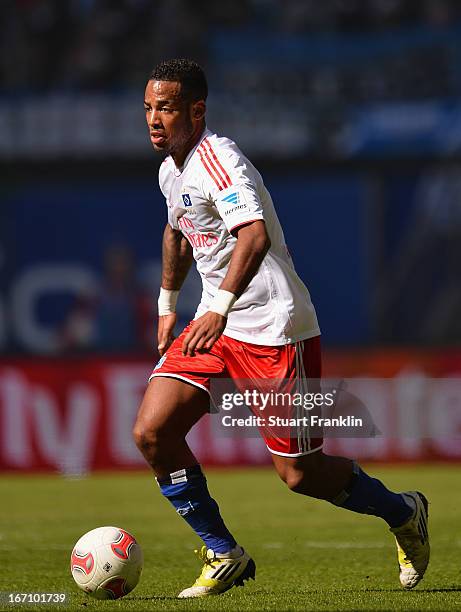 Dennis Aogo of Hamburg in action during the Bundesliga match between Hamburger SV and Fortuna Duesseldorf 1895 at Imtech Arena on April 20, 2013 in...