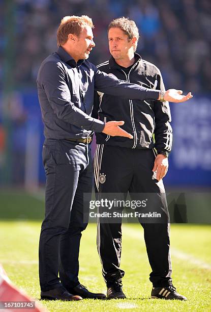 Thorsten Fink, head coach of Hamburg gestures to the fourth official during the Bundesliga match between Hamburger SV and Fortuna Duesseldorf 1895 at...