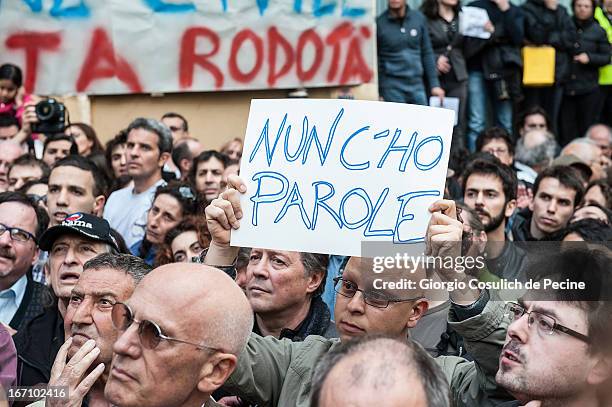 Protestort holds a banner reading 'I am wordless' as many supporters of Democratic Party and Five Stars Movement take to the street to protest...