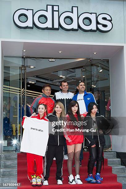 Dara, Lee Chae-Rin , Bom and Minzy of South Korean girl group 2NE1 pose for media during the 'Adidas' Myungdong Flagship Store Renewal Opening on...