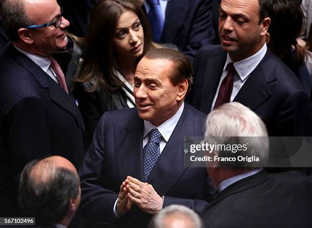 Former Italian Prime Minister Silvio Berlusconi jubilates as Parliament votes for President of Republic on April 20, 2013 in Rome, Italy. After five...