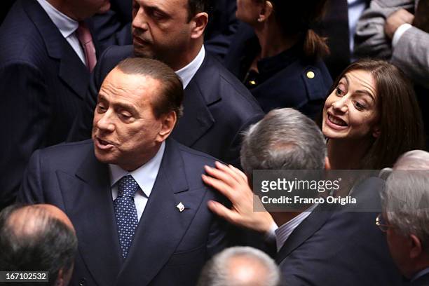 Former Italian Prime Minister Silvio Berlusconi jubilates as Parliament votes for President of Republic on April 20, 2013 in Rome, Italy. After five...
