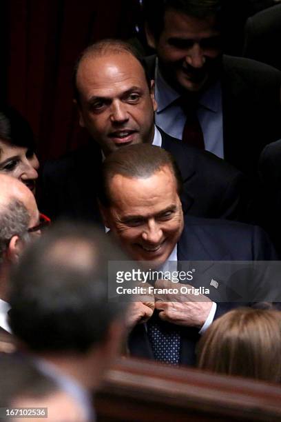 Former Italian Prime Minister Silvio Berlusconi and Secretary of PDL Angelino Alfano jubilate as Parliament votes for President of Republic on April...