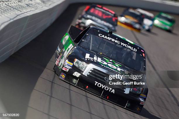 Darrell Wallace Jr., driver of the LibertyTireRecycling/Ground SmartRubber Toyota, leads a pack of cars during the NASCAR Camping World Truck Series...