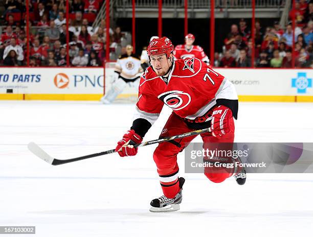 Joe Corvo of the Carolina Hurricanes skates for position on the ice against the Boston Bruins during an NHL game at PNC Arena on April 13, 2013 in...