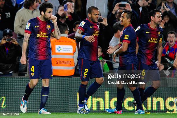 Cesc Fabregas of FC Barcelona celebrates after scoring the winning goal during the La Liga match between FC Barcelona and Levante UD at Camp Nou on...