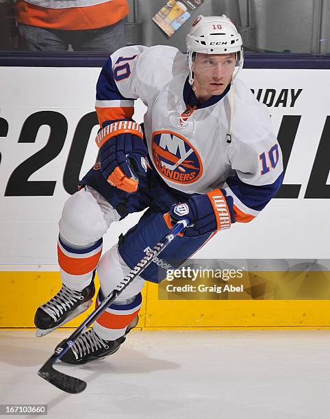 Keith Aucoin of the New York Islanders skates during warm ups prior to the NHL game against the Toronto Maple Leafs April 18, 2013 at the Air Canada...