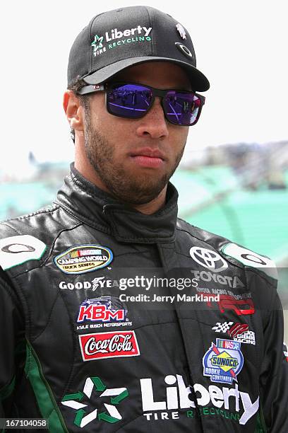 Darrell Wallace Jr., driver of the LibertyTireRecycling/Ground SmartRubber Toyota, waits on the grid priorto the NASCAR Camping World Truck Series...