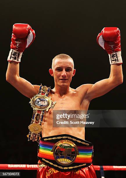 Paul Butler celebrates victory over Yaqub Kareem after their Commonwealth Super-Flyweight Championship bout at Wembley Arena on April 20, 2013 in...