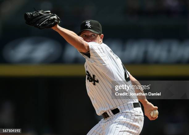 Starting pitcher Jake Peavy of the Chicago White Sox delivers the ball against the Minnesota Twins at U.S. Cellular Field on April 20, 2013 in...