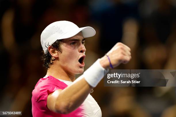 Joao Fonseca of Brazil celebrates after defeating Learner Tien of the United States following their Junior Boys Singles Final match on Day Thirteen...