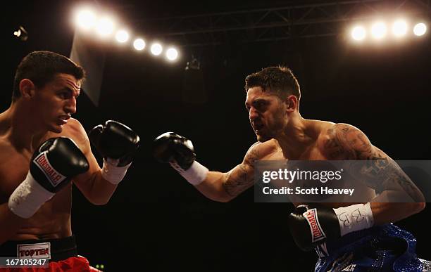 Nathan Cleverly in action against Robin Krasniqi during their WBO World Light-Heavyweight Championship bout at Wembley Arena on April 20, 2013 in...