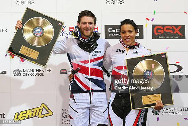 Liam Phillips and Shanaze Reade of Great Britain celebrate after winning the Men's Elite and Women's Elite Finals during the UCI BMX Supercross World...