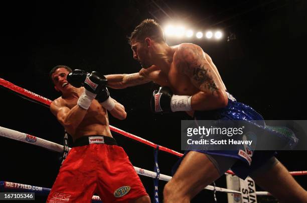 Nathan Cleverly in action against Robin Krasniqi during their WBO World Light-Heavyweight Championship bout at Wembley Arena on April 20, 2013 in...