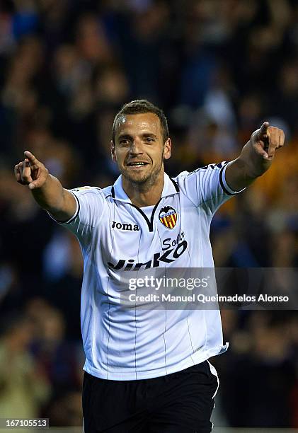 Roberto Soldado of Valencia celebrates after scoring the second goal during the La Liga match between Valencia CF and Malaga CF at Estadio Mestalla...