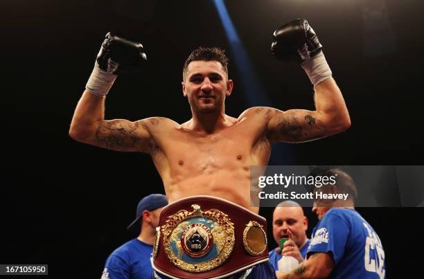 Nathan Cleverly celebrates victory over Robin Krasniqi after their WBO World Light-Heavyweight Championship bout at Wembley Arena on April 20, 2013...