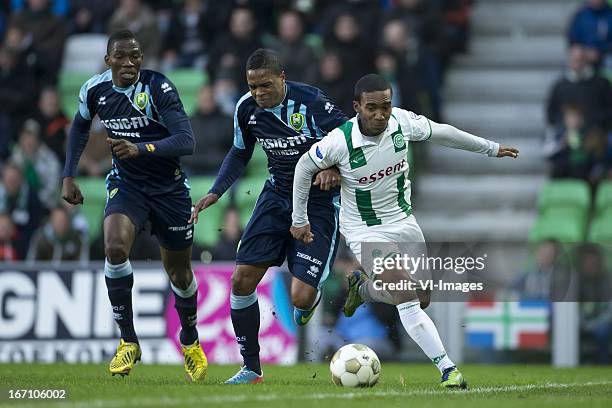 Charlton Vicento of ADO Den Haag, Lorenzo Burnet of FC Groningen during the Eredivisie match between FC Groningen and ADO Den Haag on April 20, 2013...