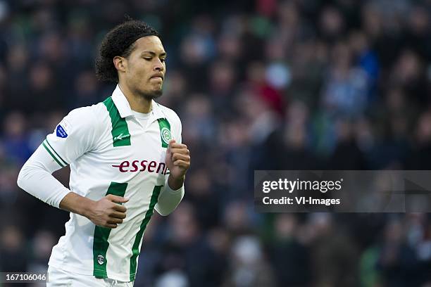 Virgil van Dijk of FC Groningen during the Eredivisie match between FC Groningen and ADO Den Haag on April 20, 2013 at the Euroborg stadium at...