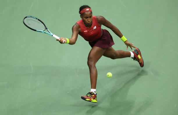 Coco Gauff of the United States plays a forehand against Aryna Sabalenka of Belarus in their Women's Singles Final match on Day Thirteen of the 2023...